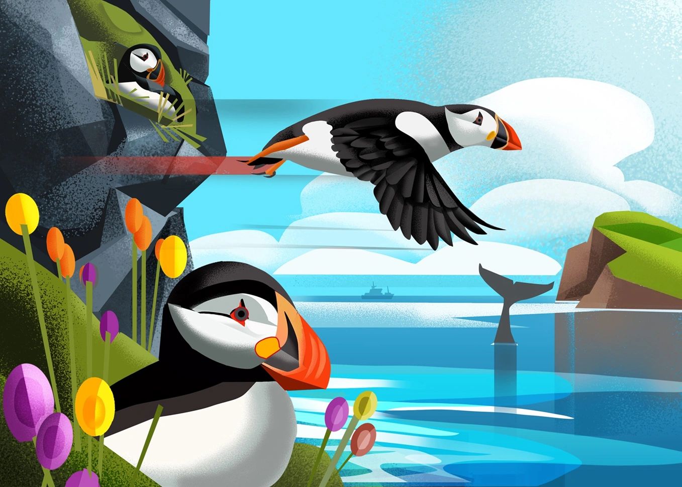 This beautifully rendered puzzle captures puffins with a "birds-eye" view of the ocean. Bold colors 
