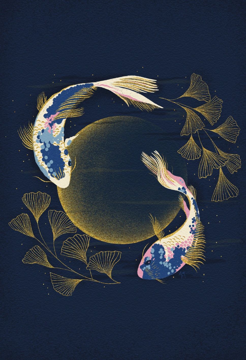 Beautifully illustrated koi fish circle the moon's reflection in the koi pond.