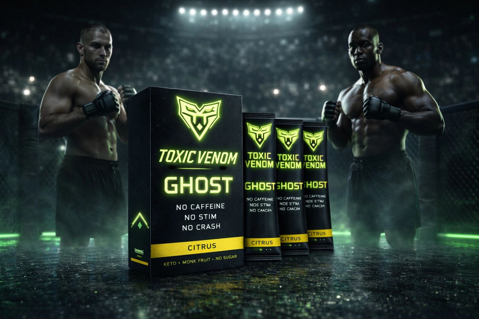 Two fighters stand behind Toxic Venom Ghost supplement packaging in a dimly lit arena.