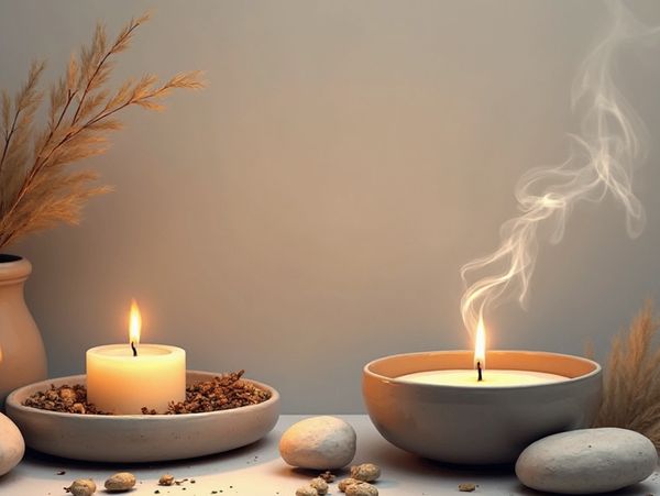 “Earth-tone altar with candles, stones, and incense smoke — calm, sacred minimalist aesthetic.”