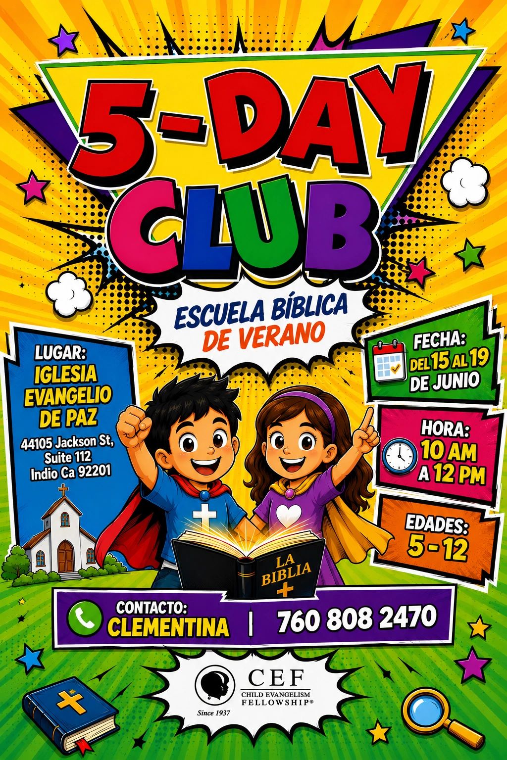 Colorful flyer for a 5-day summer Bible school club for children aged 5-12.