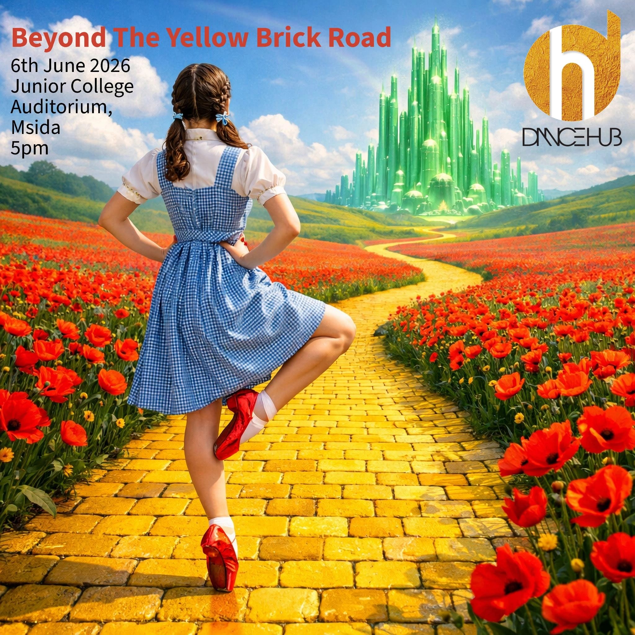 Event poster featuring a girl on the yellow brick road toward a green city.