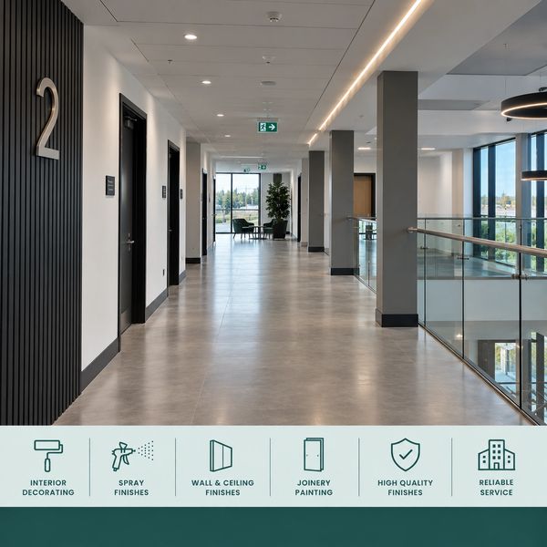 Commercial interior decorating project with painted walls, doors and architectural finishes