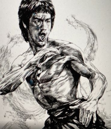 A black and white art portrait of Bruce Lee executing a martial art stunt - martial arts training in