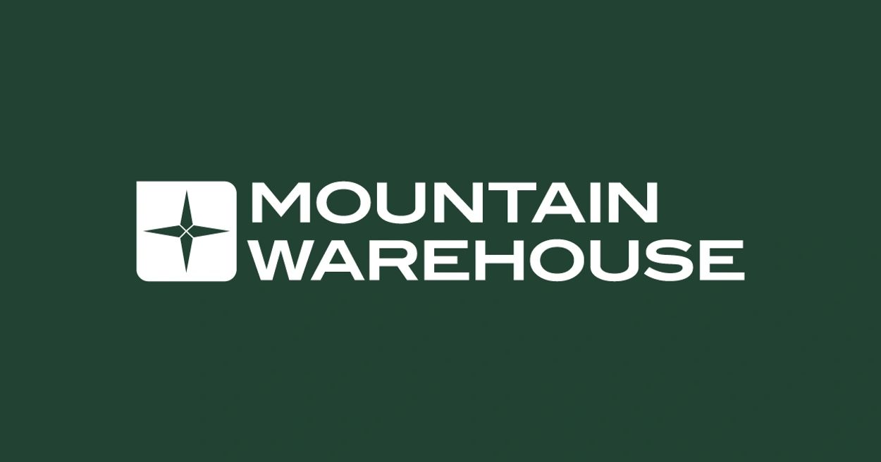 Mountain Warehouse logo with a star symbol on dark green background.