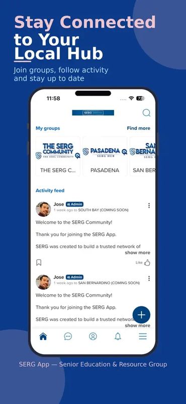 Stay connected with your local hub through the SERG app, joining groups and following activities.