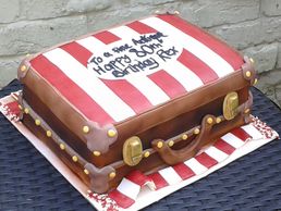Antique Suitcase Birthday Cake. Red and White Football Scarf