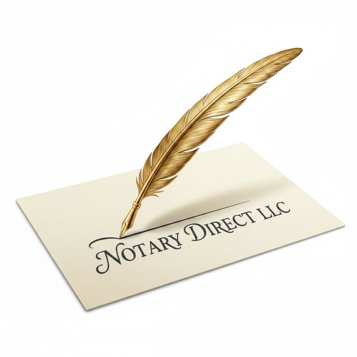 Golden quill pen over a card reading Notary Direct LLC.