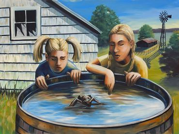 Two girls curiously watch a frog in a water barrel on a sunny day.