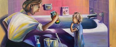 A parent helps a child fill the bathtub with colorful water.