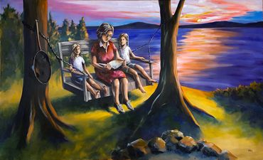Three people are fishing by a lake during a colorful sunset.