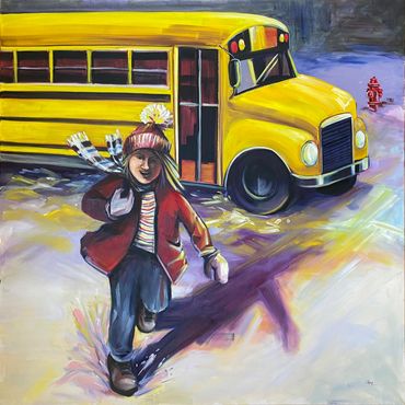 Child happily running away from a yellow school bus in winter clothes.
