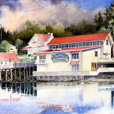 Watercolor painting of a coastal store with a red roof reflected in water.