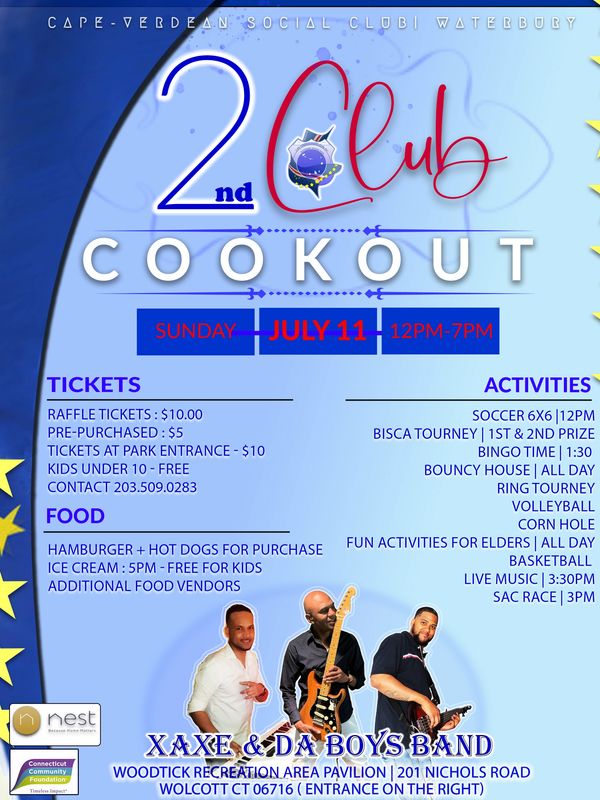 Flyer for the 2nd Club Cookout on July 11 in Waterbury with food, activities, and live music.