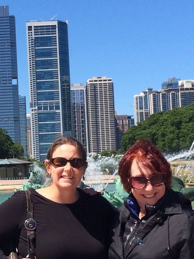 Kara and Susan in Chicago in Front of a Fountain