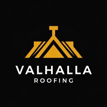 Valhalla Roofing logo with a stylized roof design in gold and white text.