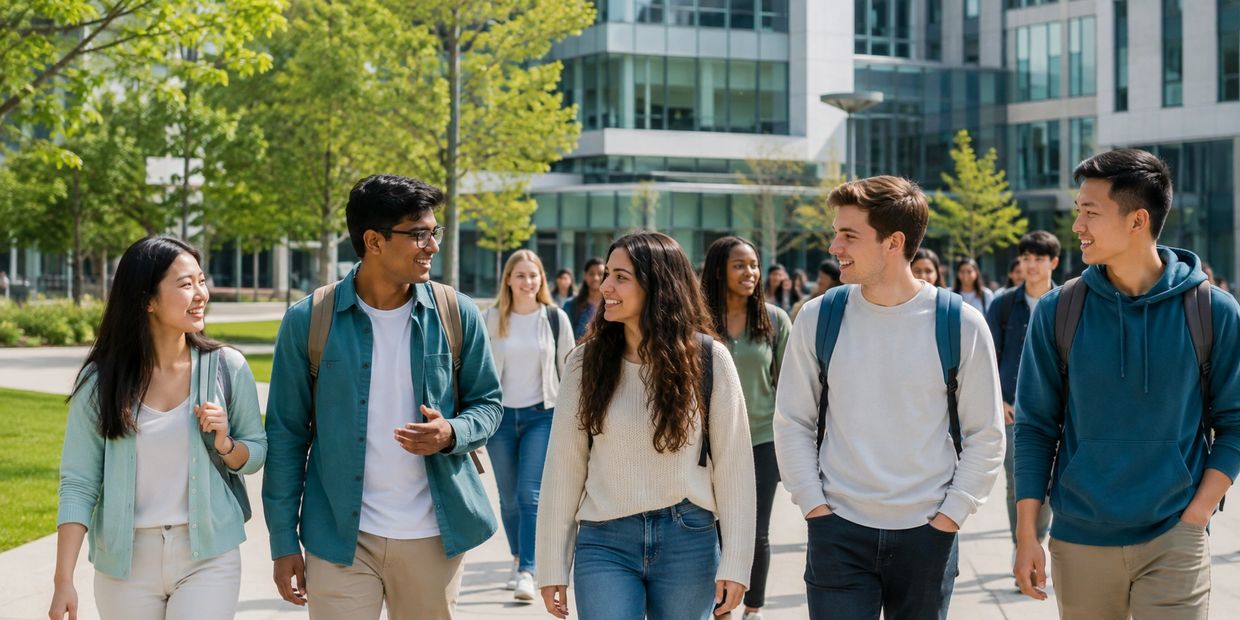 Diverse group of students walking and chatting outdoors.