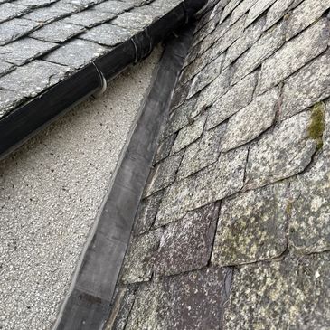 Close-up of roof shingles and gutter.