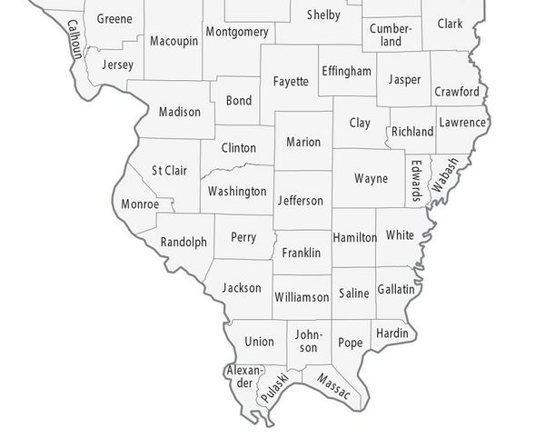 Map showing counties in southern Illinois with their names.