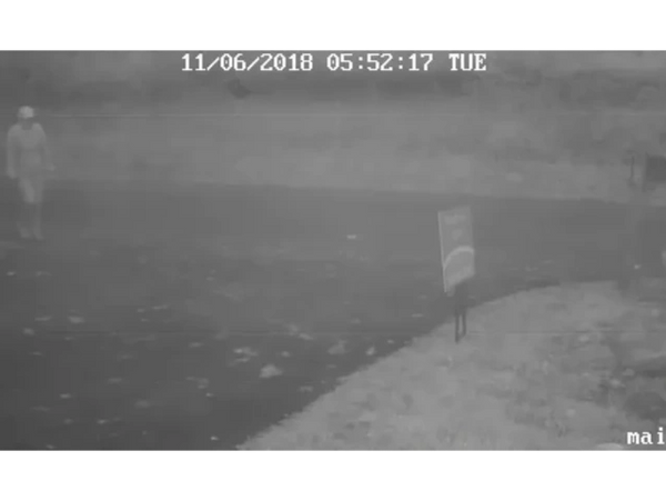 Black-and-white security footage shows a person walking near a mailbox at dawn.