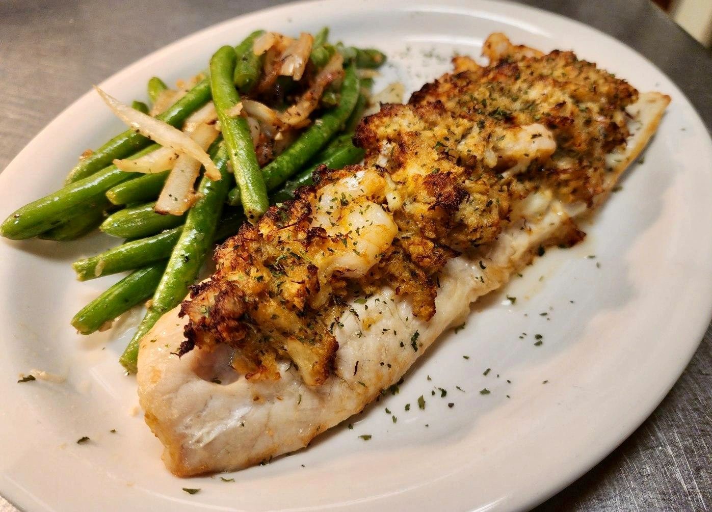 Baked Rockfish topped with Shrimp and Crab Imperial