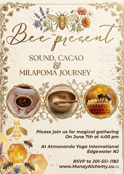 Flyer for 'Bee present' event with sound, cacao, and Milapoma journey.
