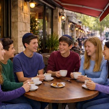 Group of teenagers enjoying coffee together at an outdoor café.