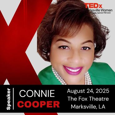 Connie Cooper speaking at TEDx Marksville Women on August 24, 2025.