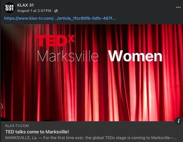 Red curtain backdrop with TEDx Marksville Women logo.