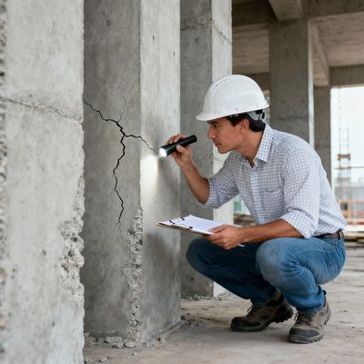 Engineer inspecting a crack in concrete at construction site with flashlight.