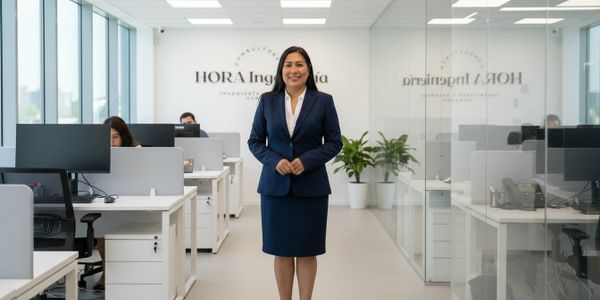 Professional woman standing confidently in a modern office space.