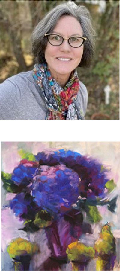 Woman with glasses and colorful scarf, and a vibrant abstract floral painting.
