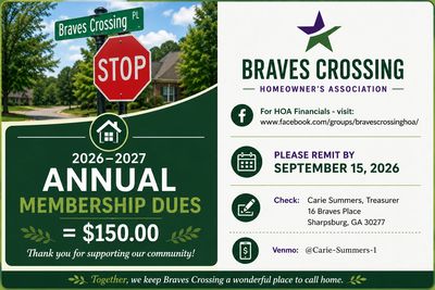 Annual membership dues notice for Braves Crossing Homeowners Association for 2026-2027.