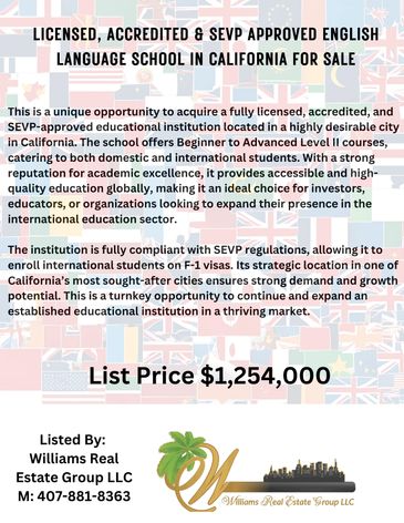 Advertisement for a licensed, accredited English language school for sale in California.