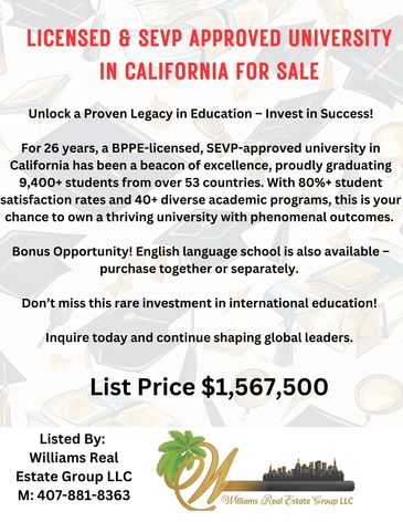 Advertisement for a licensed university in California for sale.