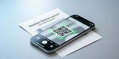 Smartphone scanning a QR code on a paper titled 'NextGen Device Launch'.