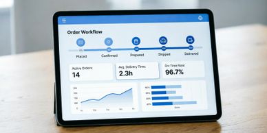 Tablet displaying order workflow and delivery statistics on a wooden table.