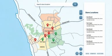 Map showing store locations across a city with pins and contact details.