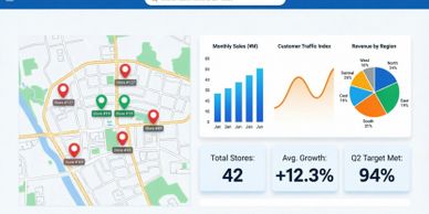 Store locations map with sales and revenue charts.