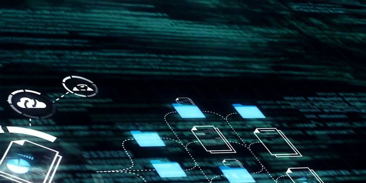 Digital file icons interconnected on a tech-themed background.
