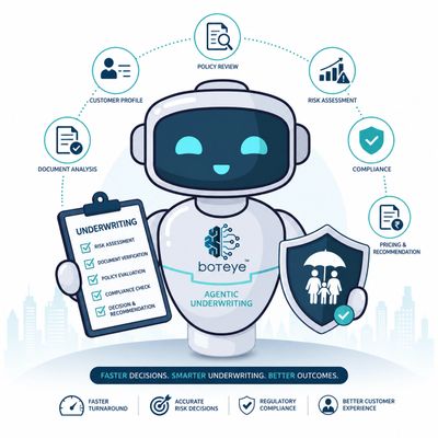 Robot holding clipboard and shield illustrating AI-driven agentic underwriting process.