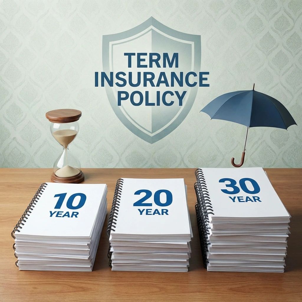 Stacks of term insurance policy booklets for 10, 20, and 30 years on a table with an hourglass and umbrella.