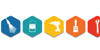 Icons of tools including a showerhead, paint bucket, drill, brush, and wrench in colorful hexagons.