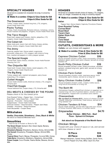 Specialty and regular hoagies menu with extras and chicken wings.