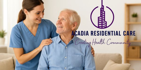 A nurse warmly caring for an elderly man at Acadia Residential Care.