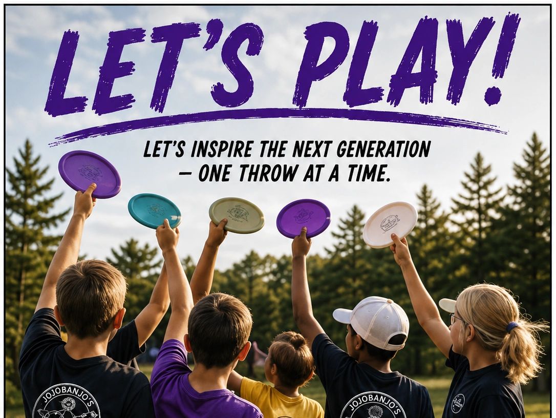 Kids holding frisbees outdoors with motivational text.