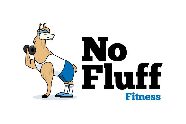 A fit llama lifting a dumbbell with 'No Fluff Fitness' text.