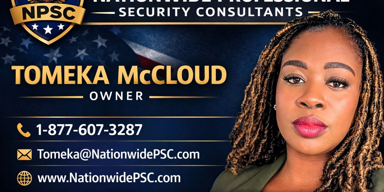 Business card for Tomeka McCloud, owner of Nationwide Professional Security Consultants.