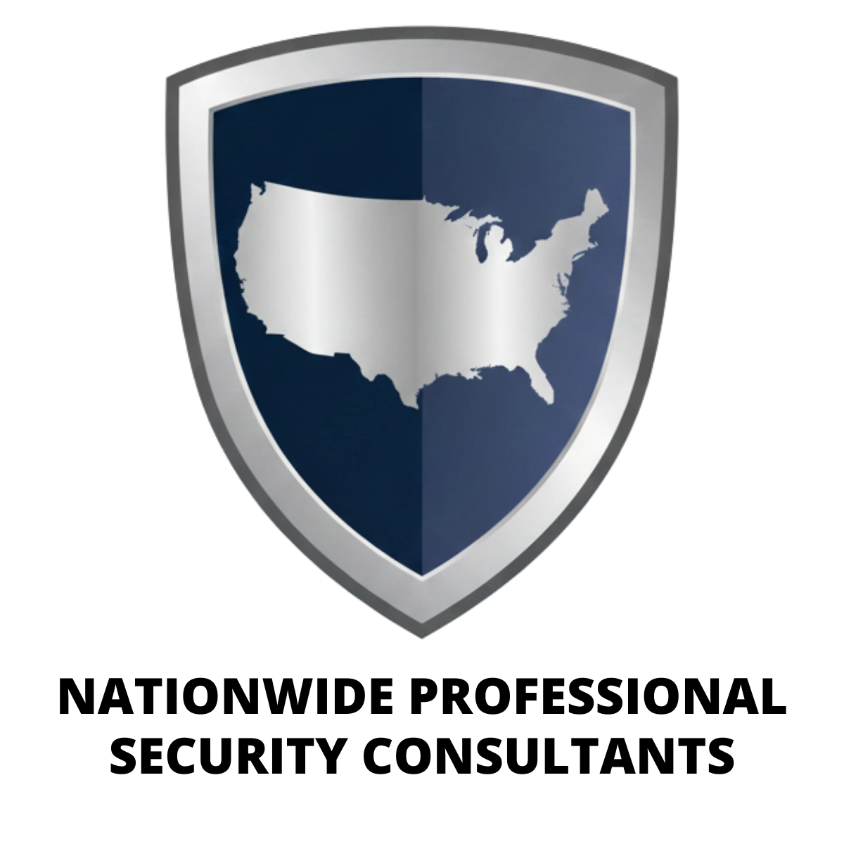 Shield emblem with United States map in silver on blue background.