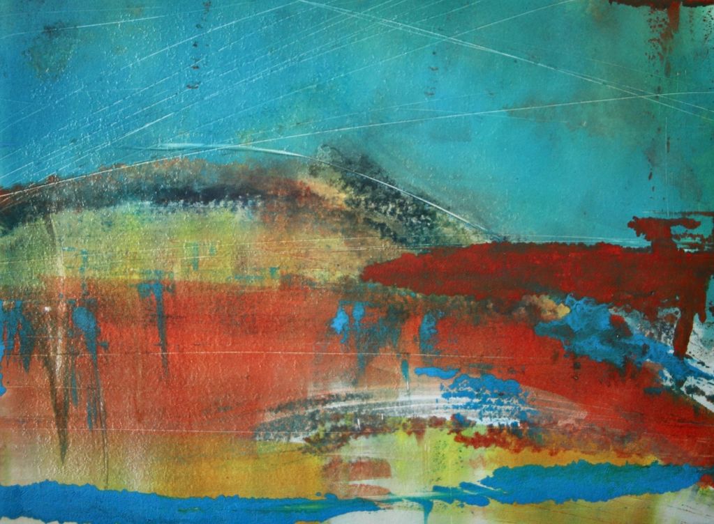 Abstract painting with vibrant blue, red, and yellow hues and textured brush strokes.
